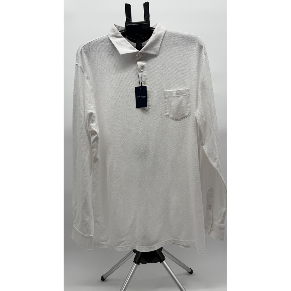 Peter Millar Crown Crafted Mens White Cotton Linen Long Sleeve Textured Polo 2XL